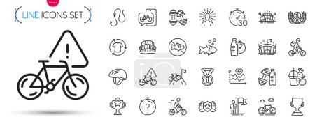 Illustration for Pack of Fitness water, Juice and Victory line icons. Include Dumbbell, Leadership, Hook pictogram icons. Arena, Fish, Delivery bike signs. Best rank, Sports arena, Timer. Mountain bike. Vector - Royalty Free Image