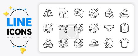 Illustration for Vitamin k, Collagen skin and Uv protection line icons set for app include Water drop, Skirt, T-shirt outline thin icon. Folate vitamin, Wash hands, Niacin pictogram icon. Iron. Vector - Royalty Free Image