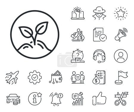 Illustration for Idea leaves sign. Salaryman, gender equality and alert bell outline icons. Startup line icon. Launch project symbol. Startup line sign. Spy or profile placeholder icon. Online support, strike. Vector - Royalty Free Image
