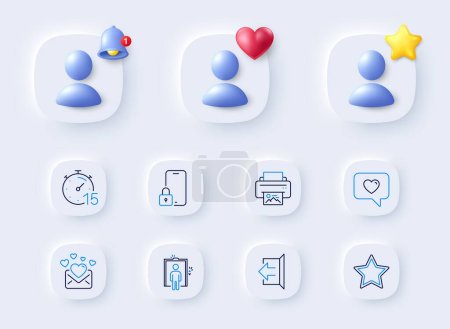 Illustration for Sign out, Elevator and Print image line icons. Placeholder with 3d bell, star, heart. Pack of Timer, Love message, Lock icon. Star, Love mail pictogram. For web app, printing. Vector - Royalty Free Image