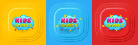 Illustration for Kids games sticker. Neumorphic offer banner, flyer or poster. Fun playing zone banner. Children games party area icon. Kids games promo event banner. 3d square buttons. Special deal coupon. Vector - Royalty Free Image