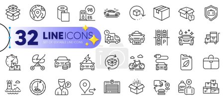 Illustration for Outline set of Wholesale goods, Parking garage and Car charging line icons for web with 48 hours, Parking place, Lighthouse thin icon. Packing boxes, Inventory cart, Taxi pictogram icon. Vector - Royalty Free Image