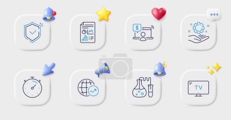 Illustration for Report document, Employee hand and Timer line icons. Buttons with 3d bell, chat speech, cursor. Pack of World statistics, Shield, Tv icon. Chemistry lab, Online shopping pictogram. Vector - Royalty Free Image