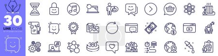 Illustration for Video content, Forward and Love message line icons pack. Recovery laptop, Integrity, Shopping cart web icon. Seo message, Chemistry pipette, Cogwheel pictogram. Music, Manual doc, Synchronize. Vector - Royalty Free Image