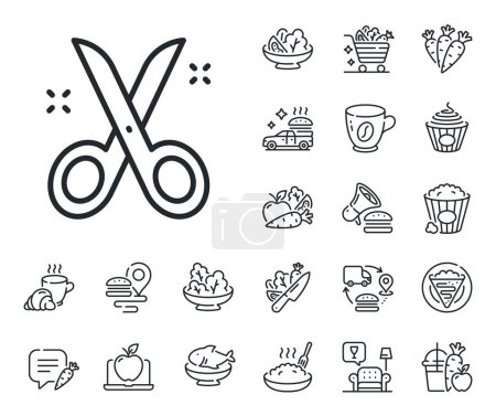 Illustration for Cutting tool sign. Crepe, sweet popcorn and salad outline icons. Scissors line icon. Tailor utensil symbol. Scissors line sign. Pasta spaghetti, fresh juice icon. Supply chain. Vector - Royalty Free Image