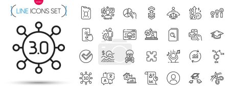 Illustration for Pack of Web3, Cyber attack and Update data line icons. Include Noise, Difficult stress, Shoulder strap pictogram icons. Graduation cap, Canister oil, Employee signs. Check investment. Vector - Royalty Free Image