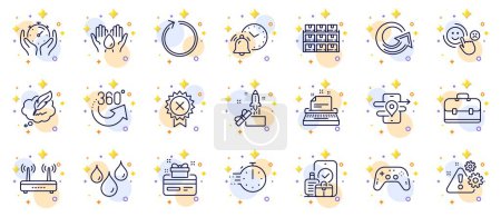 Illustration for Outline set of Safe water, Loyalty card and Boxes shelf line icons for web app. Include Gps, 360 degrees, Reject medal pictogram icons. Customer satisfaction, Gamepad, Alarm clock signs. Vector - Royalty Free Image