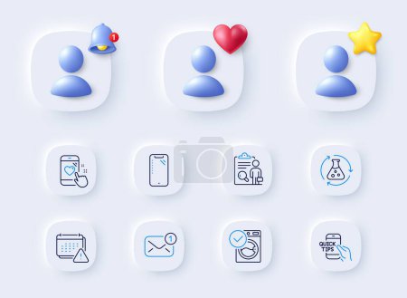 Illustration for Smartphone, Notification and Washing machine line icons. Placeholder with 3d bell, star, heart. Pack of Inspect, Chemistry experiment, Heart rating icon. Education, New message pictogram. Vector - Royalty Free Image