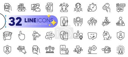 Illustration for Outline set of Loan, Biometric security and Global business line icons for web with Employee hand, Security, Woman love thin icon. Business target, Teamwork, Presentation board pictogram icon. Vector - Royalty Free Image
