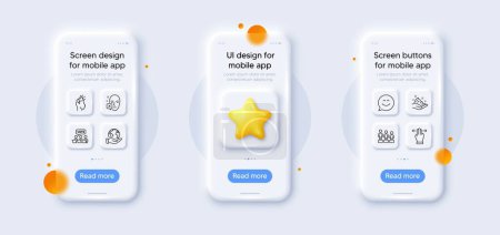 Illustration for Multitasking gesture, Online voting and Smile chat line icons pack. 3d phone mockups with star. Glass smartphone screen. Save planet, Brand ambassador, Face declined web icon. Vector - Royalty Free Image