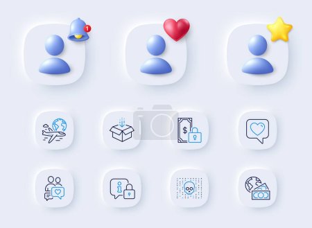 Illustration for Cyber attack, Lock and Global business line icons. Placeholder with 3d bell, star, heart. Pack of Private payment, Dating chat, International flight icon. Get box, Heart pictogram. Vector - Royalty Free Image
