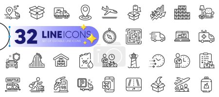 Illustration for Outline set of Open box, Gps and Delivery time line icons for web with Delivery, Wholesale goods, Car secure thin icon. Bike courier, Shuttle bus, Petrol station pictogram icon. Vector - Royalty Free Image