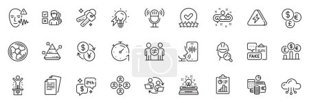 Illustration for Icons pack as Pyramid chart, Winner podium and Typewriter line icons for app include Electricity bulb, Recruitment, Currency rate outline thin icon web set. Discrimination, Documents. Vector - Royalty Free Image