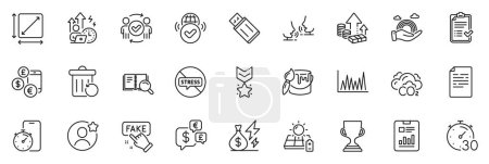 Illustration for Icons pack as Winner medal, Usb flash and Difficult stress line icons for app include Award cup, Timer, Square area outline thin icon web set. Currency rate, Money currency, Brush pictogram. Vector - Royalty Free Image