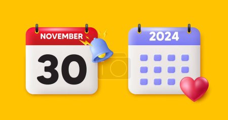 Illustration for Calendar date 3d icon. 30th day of the month icon. Event schedule date. Meeting appointment time. 30th day of November month. Calendar event reminder date. Vector - Royalty Free Image