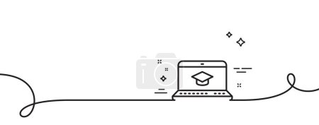 Illustration for Online Education line icon. Continuous one line with curl. Notebook or Laptop sign. Graduation cap symbol. Website Education single outline ribbon. Loop curve pattern. Vector - Royalty Free Image