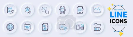 Illustration for Line chart, Survey and Cogwheel line icons for web app. Pack of Agreement document, Cable section, Instruction info pictogram icons. Battery, Chat bubble, Time management signs. Vector - Royalty Free Image