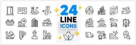 Illustration for Icons set of Architectural plan, Inspect and Construction document line icons pack for app with Building, Buying house, Diesel station thin outline icon. Technical info, Radiator. Vector - Royalty Free Image