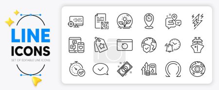 Ilustración de Las etiquetas de lealtad, el seguro mundial y los iconos de línea de temporizador configurados para la aplicación incluyen Journey, Ship, Social media outline thin icon. Bitcoin, código Qr, icono del pictograma de la incubadora. Rayo rayo. Vector - Imagen libre de derechos