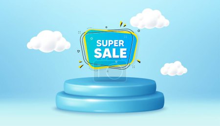 Illustration for Super sale banner. Winner podium 3d base. Product offer pedestal. Discount price tag sticker. Chat bubble icon. Super sale promotion message. Background with 3d clouds. Vector - Royalty Free Image