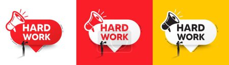 Illustration for Hard work tag. Speech bubble with megaphone and woman silhouette. Job motivational offer. Gym workout slogan message. Hard work chat speech message. Woman with megaphone. Vector - Royalty Free Image