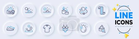 Illustration for Skin care, T-shirt and Sun protection line icons for web app. Pack of Lingerie, Moisturizing cream, Vitamin h1 pictogram icons. Scarf, Vitamin e, Cream signs. Aroma candle, Shoes. Vector - Royalty Free Image