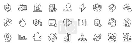 Illustration for Icons pack as Medical support, Calendar and Chemistry lab line icons for app include Elastic, Patient, Puzzle outline thin icon web set. Chemical formula, Yoga, Management pictogram. Blood. Vector - Royalty Free Image