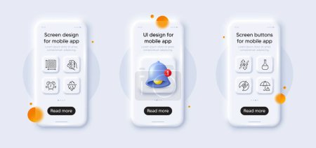 Illustration for Chemistry lab, Square area and Iceberg line icons pack. 3d phone mockups with bell alert. Glass smartphone screen. Risk management, Electric energy, Dollar rate web icon. Vector - Royalty Free Image