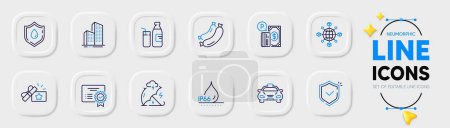 Illustration for Stress protection, Milk and Skyscraper buildings line icons for web app. Pack of Logistics network, Shield, Parking payment pictogram icons. Certificate, Sausage, Waterproof signs. Vector - Royalty Free Image