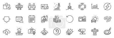 Illustration for Icons pack as Vip certificate, Court judge and Calendar line icons for app include Brush, Graph, Palette outline thin icon web set. Report document, Puzzle, No hearing pictogram. Vector - Royalty Free Image
