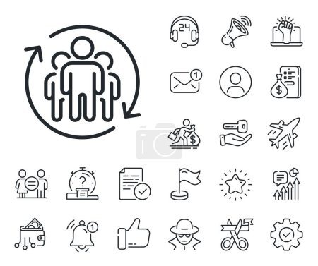 Illustration for Employees rotation sign. Salaryman, gender equality and alert bell outline icons. Teamwork line icon. Core value symbol. Teamwork line sign. Spy or profile placeholder icon. Vector - Royalty Free Image