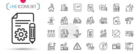 Illustration for Pack of Documentation, Buildings and Power info line icons. Include Lighthouse, Algorithm, Circle area pictogram icons. Charging station, Eco power, Help signs. Square meter, Fuel price. Vector - Royalty Free Image