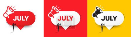 Illustration for July month icon. Speech bubble with megaphone and woman silhouette. Event schedule Jul date. Meeting appointment planner. July chat speech message. Woman with megaphone. Vector - Royalty Free Image