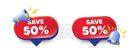 Illustration for Save 50 percent off tag. Speech bubbles with 3d bell, megaphone. Sale Discount offer price sign. Special offer symbol. Discount chat speech message. Red offer talk box. Vector - Royalty Free Image