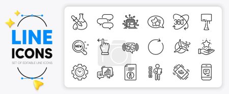 Illustration for Time management, Message and Call center line icons set for app include Technical info, Windmill turbine, Loyalty program outline thin icon. Graph chart, Touchscreen gesture. Vector - Royalty Free Image
