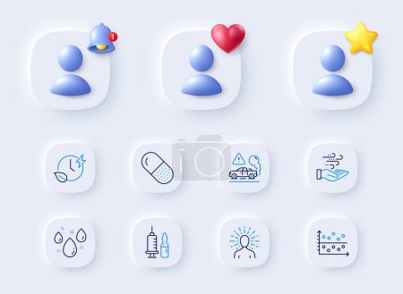 Illustration for Dot plot, Exhaust and Medical vaccination line icons. Placeholder with 3d bell, star, heart. Pack of Capsule pill, Yoga, Rainy weather icon. Wind energy, Charging time pictogram. Vector - Royalty Free Image