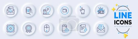 Illustration for Scroll down, Charging station and Wallet line icons for web app. Pack of Smile, Seo phone, Insurance medal pictogram icons. Distribution, Electric app, Power certificate signs. Vector - Royalty Free Image