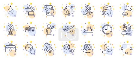 Illustration for Outline set of Patient, Waterproof and Software line icons for web app. Include Phosphorus mineral, Time, Manual doc pictogram icons. Speaker, Thermometer, Work signs. Augmented reality. Vector - Royalty Free Image