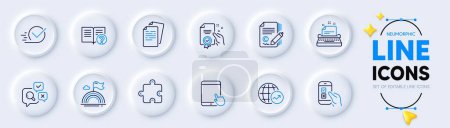 Illustration for Help, Lgbt and Checkbox line icons for web app. Pack of Certificate, Mobile survey, Inspect pictogram icons. Copywriting, Documents, Puzzle signs. World statistics, Typewriter, Tablet pc. Vector - Royalty Free Image