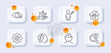 Illustration for Medical analyzes, Medicine and Mineral oil line icons pack. 3d glass buttons with blurred circles. Farsightedness, People vaccination, Brain working web icon. Vector - Royalty Free Image