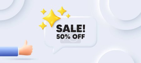 Illustration for Sale 50 percent off discount. Neumorphic background with chat speech bubble. Promotion price offer sign. Retail badge symbol. Sale speech message. Banner with like hand. Vector - Royalty Free Image
