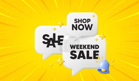 Illustration for Weekend Sale tag. 3d offer chat speech bubbles. Special offer price sign. Advertising Discounts symbol. Weekend sale speech bubble 3d message. Talk box banner with bell. Vector - Royalty Free Image