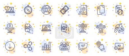 Illustration for Outline set of Translation service, Cursor and Petrol station line icons for web app. Include Toolbox, Graph laptop, Award app pictogram icons. Place, Attraction, Flight mode signs. Vector - Royalty Free Image