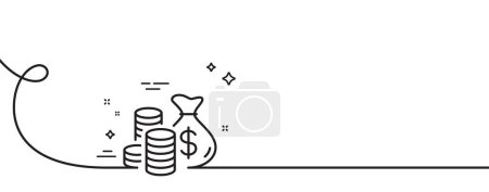 Illustration for Coins bag line icon. Continuous one line with curl. Cash money sign. Income savings symbol. Coins bag single outline ribbon. Loop curve pattern. Vector - Royalty Free Image