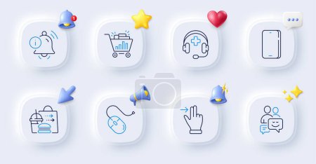 Illustration for Seo shopping, Touchscreen gesture and Medical support line icons. Buttons with 3d bell, chat speech, cursor. Pack of Communication, Information bell, Food delivery icon. Vector - Royalty Free Image