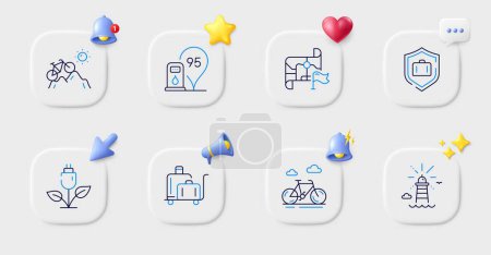 Illustration for Bike, Luggage trolley and Mountain bike line icons. Buttons with 3d bell, chat speech, cursor. Pack of Destination flag, Lighthouse, Petrol station icon. Luggage protect, Eco power pictogram. Vector - Royalty Free Image