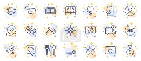 Illustration for Outline set of Education, Ice cream and 360 degrees line icons for web app. Include Heart, Headshot, Networking pictogram icons. Food, Spanner, Gps signs. Monitor settings, Fireworks, Delivery. Vector - Royalty Free Image