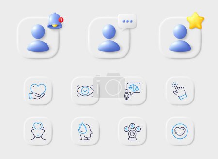 Illustration for Video conference, Stress and Mental health line icons. Placeholder with 3d star, reminder bell, chat. Pack of Biometric eye, Cursor, Lawyer icon. Volunteer, Heart target pictogram. Vector - Royalty Free Image