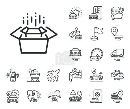 Illustration for Delivery parcel sign. Plane, supply chain and place location outline icons. Packing boxes line icon. Cargo box symbol. Packing boxes line sign. Taxi transport, rent a bike icon. Travel map. Vector - Royalty Free Image