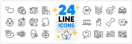 Illustration for Icons set of Video conference, Web settings and Dog bone line icons pack for app with Post package, Clothing, Brand ambassador thin outline icon. Globe, Dish plate, Sports arena pictogram. Vector - Royalty Free Image